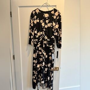 NWT Maggy London Black Floral Ruched Midi Dress Size 16